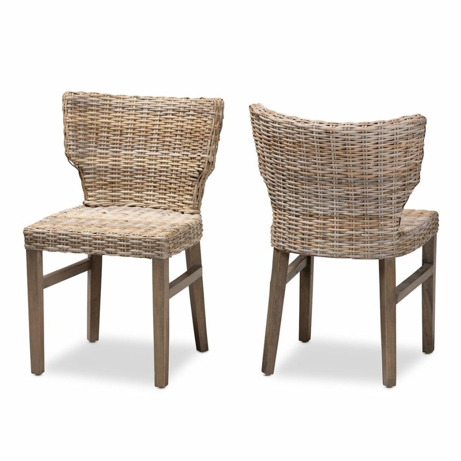 Dining Chair * | Baxton Studio High Quality Enver Modern Bohemian Grey Rattan And Brown Wood 2-Piece Dining Chair Set