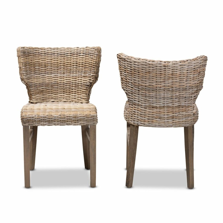 Dining Chair * | Baxton Studio High Quality Enver Modern Bohemian Grey Rattan And Brown Wood 2-Piece Dining Chair Set