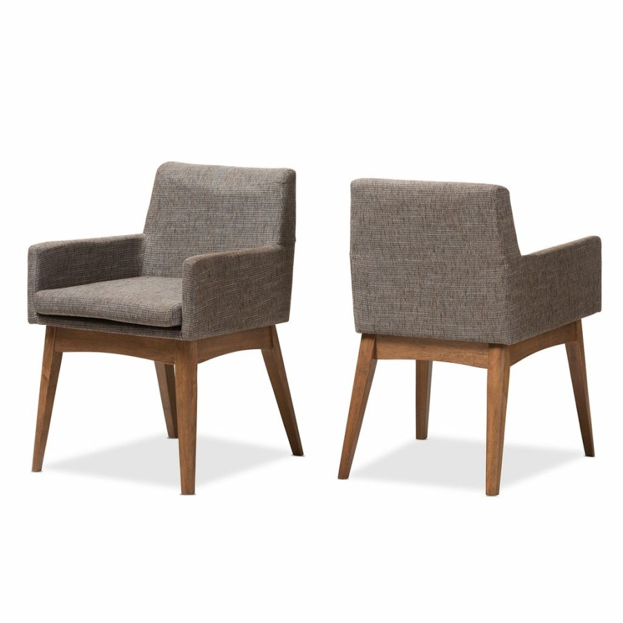 Chair * | Baxton Studio Typical Style Nexus Mid-Century Modern Walnut Wood Finishing And Gravel Fabric Upholstered Arm Chair (Set Of 2)