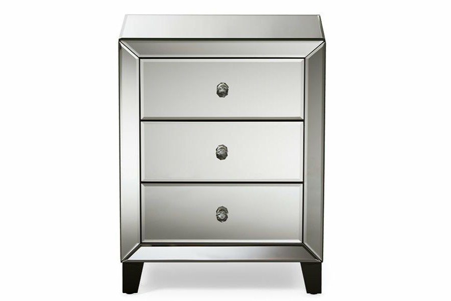 Nightstand * | Baxton Studio Online Discount Chevron Modern And Contemporary Hollywood Regency Glamour Style Mirrored 3-Drawers Nightstand Bedside Table