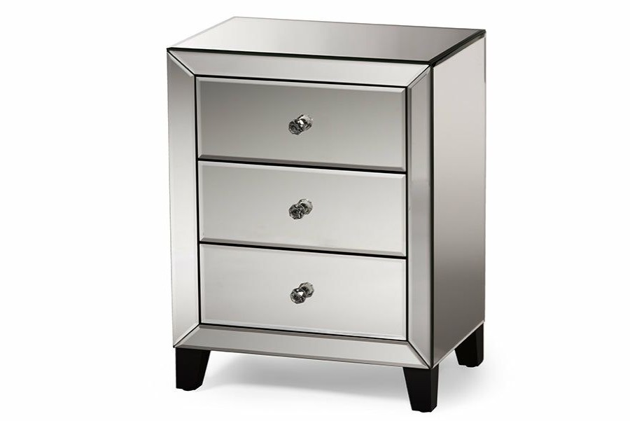 Nightstand * | Baxton Studio Online Discount Chevron Modern And Contemporary Hollywood Regency Glamour Style Mirrored 3-Drawers Nightstand Bedside Table