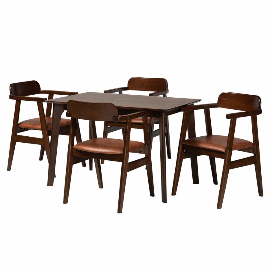 Dining Set * | Baxton Studio Best Price Cleo Mid-Century Modern Faux Leather And Dark Brown Finished Wood 5-Piece Dining Set