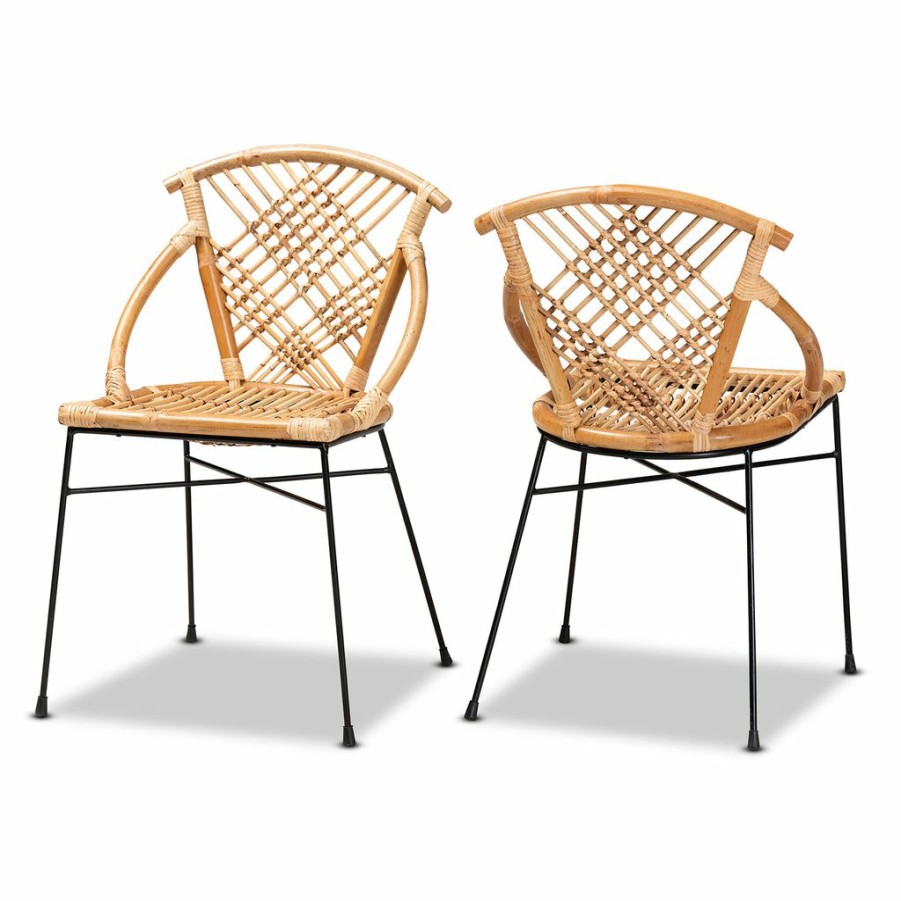 Dining Chair * | Baxton Studio Typical Style Pro Modern Bohemian Natural Brown Rattan And Black Metal 2-Piece Dining Chair Set