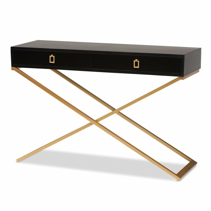 Drawer Table * | Baxton Studio Low Price Madan Modern And Contemporary Black Finished Wood And Gold Metal 2-Drawer Console Table