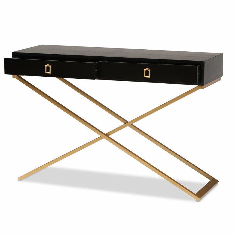 Drawer Table * | Baxton Studio Low Price Madan Modern And Contemporary Black Finished Wood And Gold Metal 2-Drawer Console Table