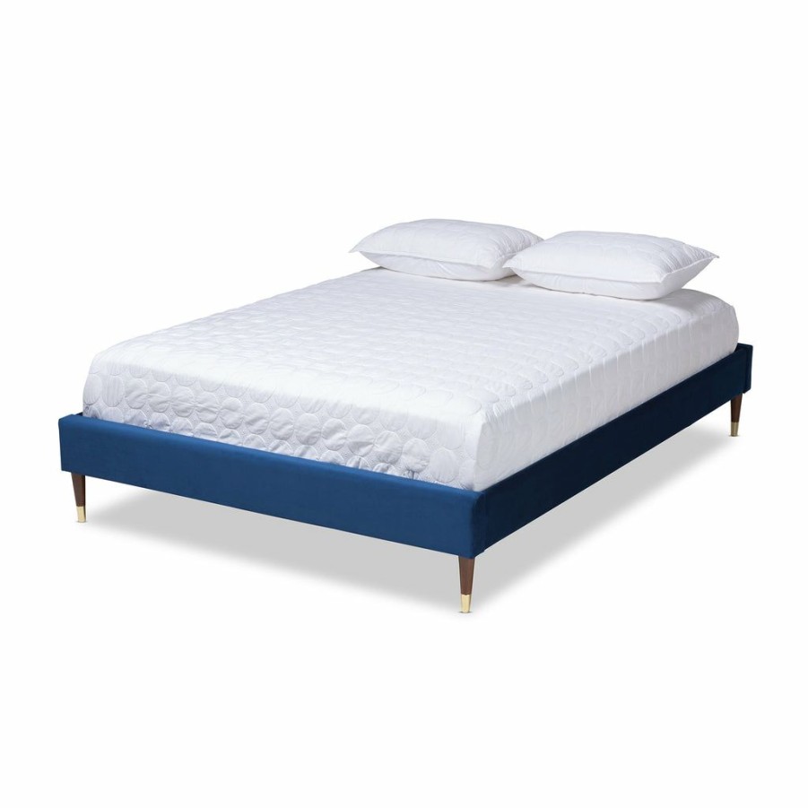 Bed * | Baxton Studio Hot Selling Volden Glam And Navy Blue Velvet Fabric Upholstered King Size Wood Platform Bed Frame With Gold-Tone Leg Tips