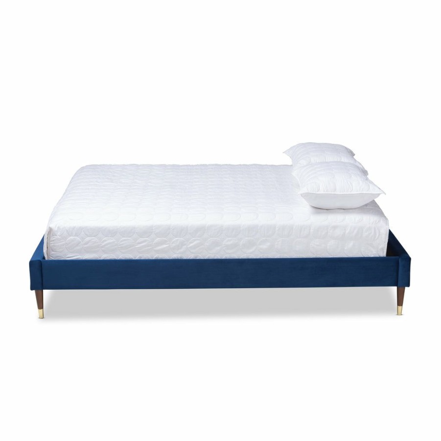 Bed * | Baxton Studio Hot Selling Volden Glam And Navy Blue Velvet Fabric Upholstered King Size Wood Platform Bed Frame With Gold-Tone Leg Tips